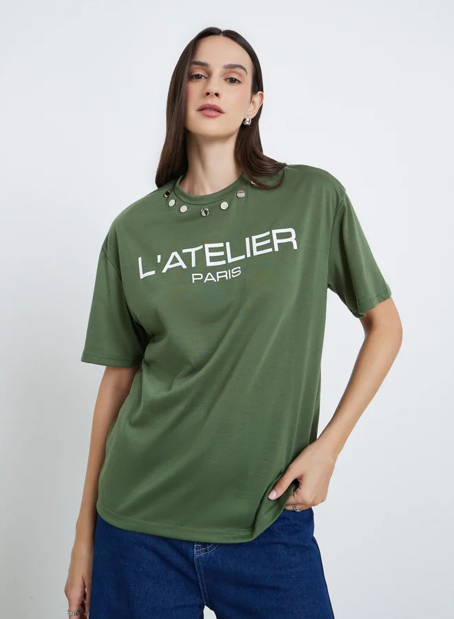 ستايلي Styli Women Green Studded Oversized T-Shirt