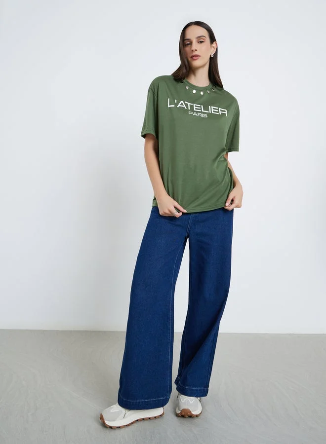 Styli Women Green Studded Oversized T-Shirt