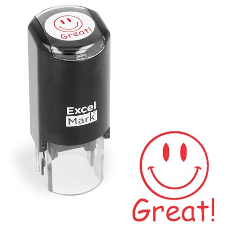 ExcelMark Great! Smiley Face - Self-Inking Round Teacher Stamp - Red Ink - Image 1