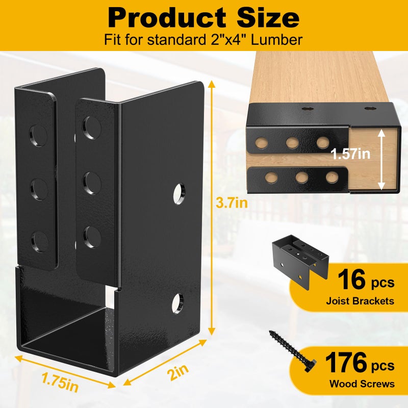 Fmhotu Concealed Joist Hanger (16 Pack),2""X4"" Outdoor Concealed-Flange Joist Bracket With Screws, Q235B Steel Powder Coated Concealed Mount Light Joist Hangers For 2""X4"" Beam, Swing, Handrail, Fence - Image 2