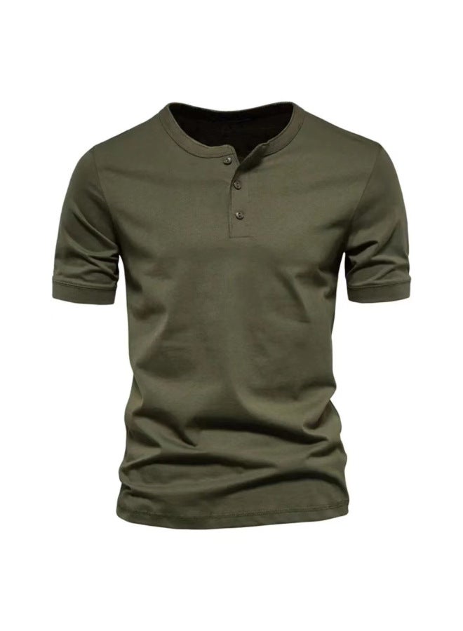 Summer Men's Wear Henley Neck Short Sleeve Solid Color Casual Slim Fit Breathable Undershirt T-shirt