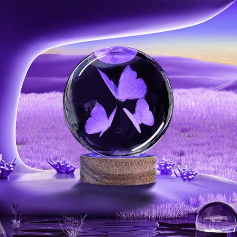 3D Crystal Ball Night Light with Woodern Base, 3.15" Figurine Glass Lamp with 16 Colors Cute Desk Decor for Home Gifts for Women Friends - Image 3