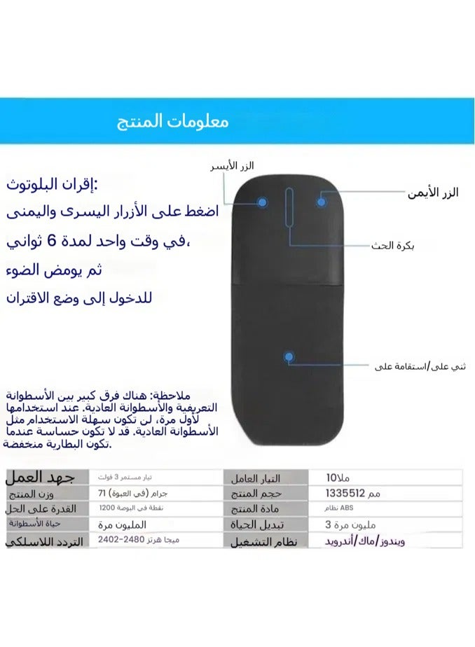 ماوس بلوتوث بتصميم منحنٍ بشاشة لمس، ماوس لاسلكي قابل للطي، بدون مستقبل نانو USB، ماوس بصري صغير مريح للكمبيوتر المحمول والجهاز اللوحي والهاتف الذكي - Image 5