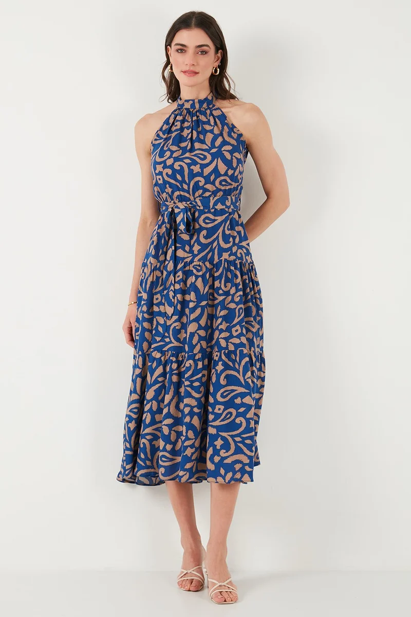 Lela Patterned Regular Fit Halter Neck Belted Midi Length Dress Women's Dress 6772030
