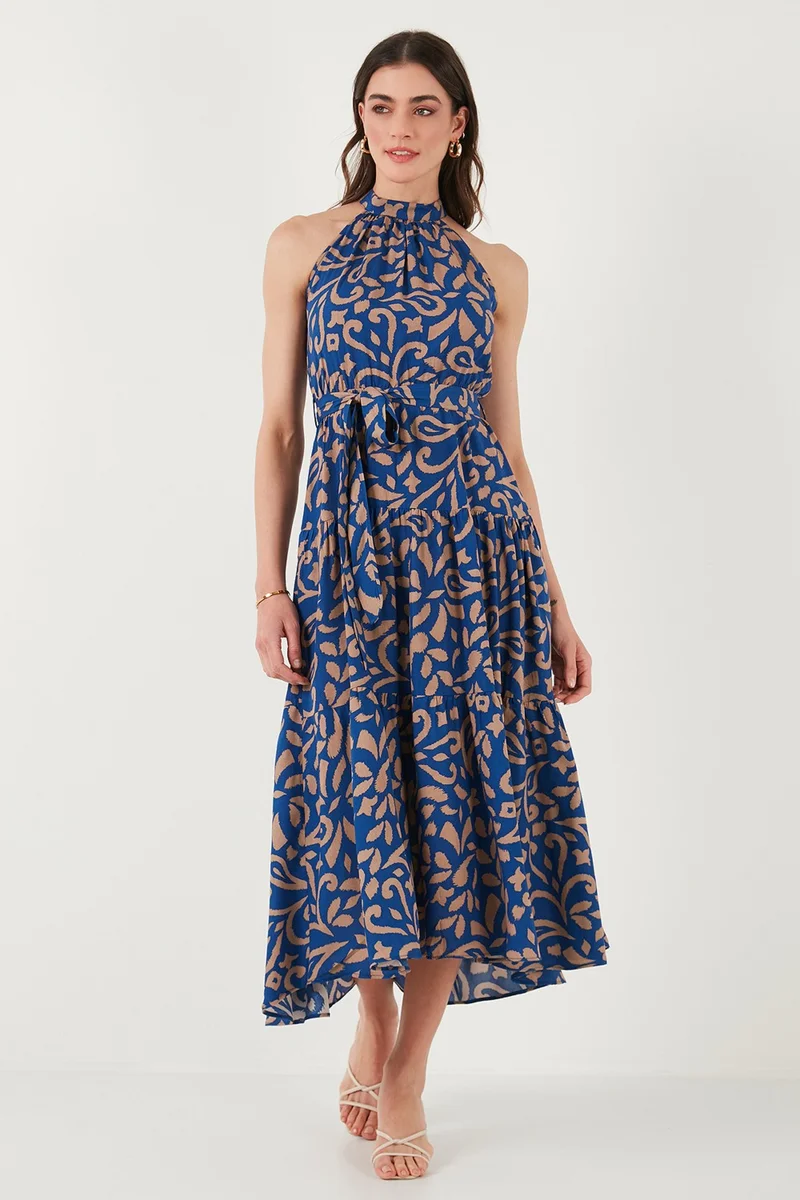 Lela Patterned Regular Fit Halter Neck Belted Midi Length Dress Women's Dress 6772030