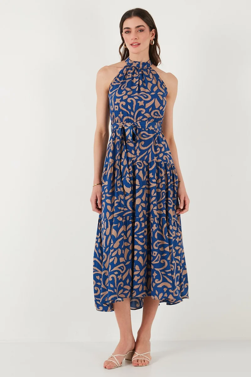 Lela Patterned Regular Fit Halter Neck Belted Midi Length Dress Women's Dress 6772030
