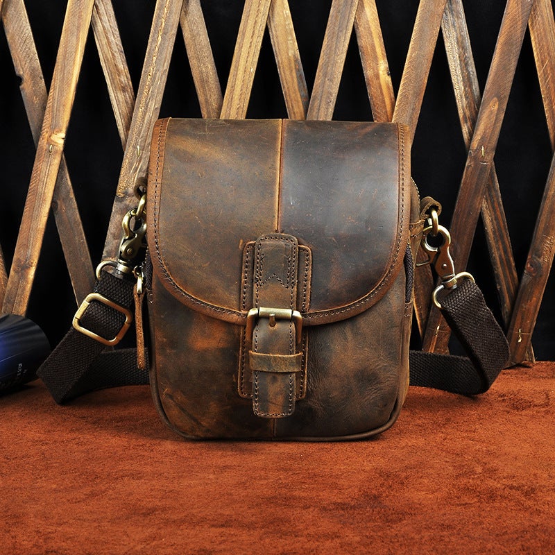 First Layer Crazy Horse Leather Cowhide Men'S Retro Mobile Phone Camera Outdoor 7 Inch Small Waist Bag 1168 - Image 1