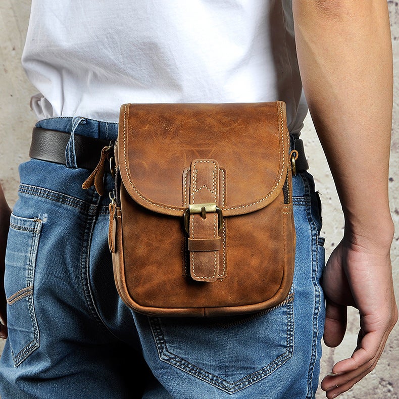 First Layer Crazy Horse Leather Cowhide Men'S Retro Mobile Phone Camera Outdoor 7 Inch Small Waist Bag 1168 - Image 3
