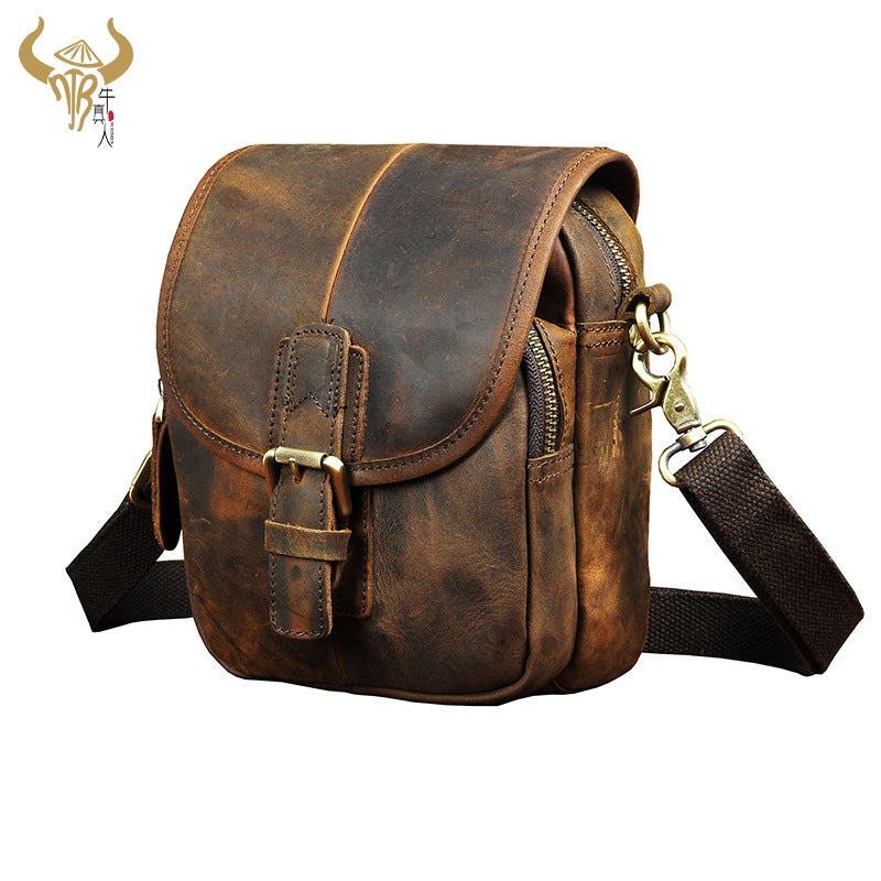 First Layer Crazy Horse Leather Cowhide Men'S Retro Mobile Phone Camera Outdoor 7 Inch Small Waist Bag 1168 - Image 2