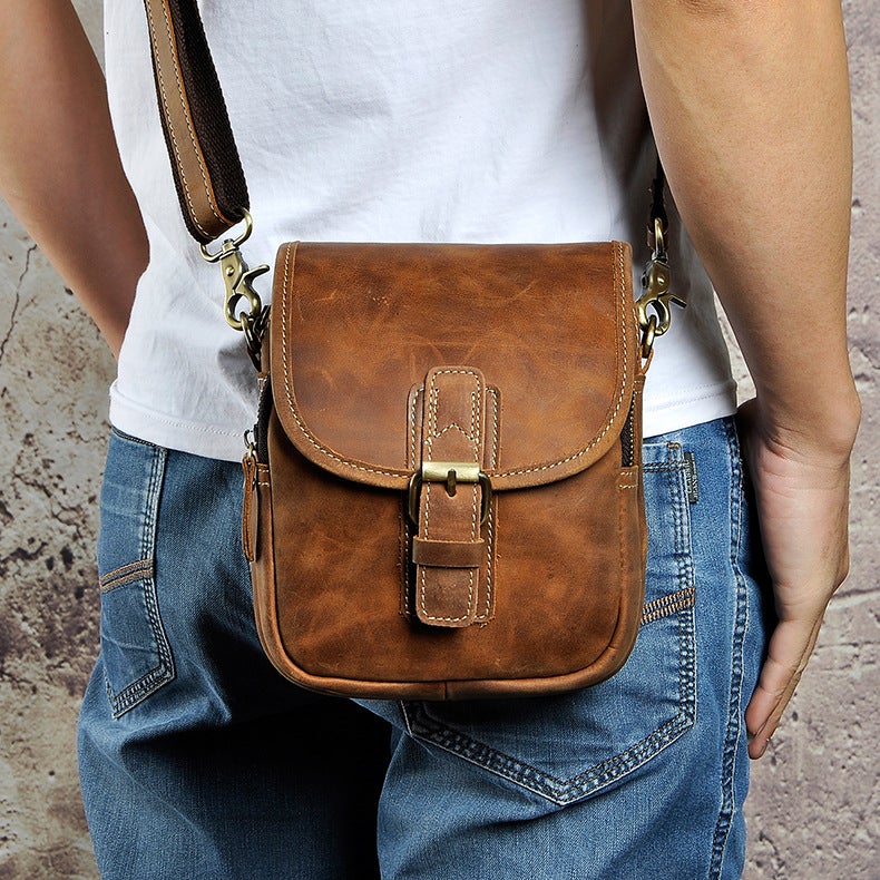 First Layer Crazy Horse Leather Cowhide Men'S Retro Mobile Phone Camera Outdoor 7 Inch Small Waist Bag 1168 - Image 4
