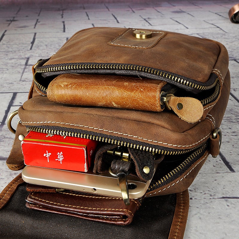 First Layer Crazy Horse Leather Cowhide Men'S Retro Mobile Phone Camera Outdoor 7 Inch Small Waist Bag 1168 - Image 5