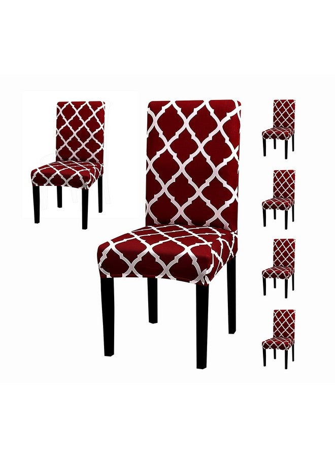 House of Quirk Elastic Stretch Removable Washable Polyester Short Dining Chair Cover (6 Cover, Maroon Diamond) - Image 1