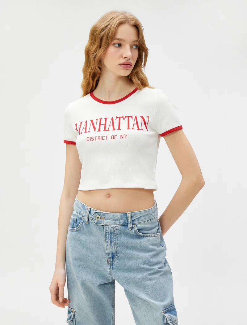 KOTON Crop T-Shirt Slogan Printed Short Sleeve Crew Neck