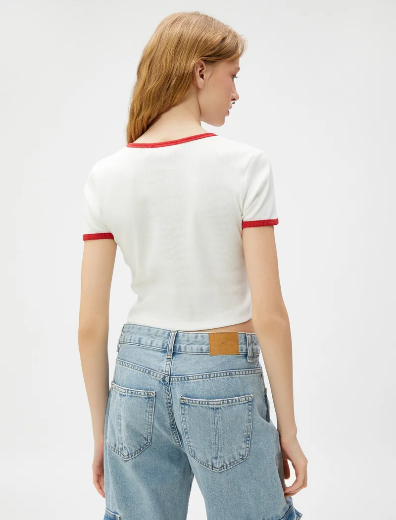 KOTON Crop T-Shirt Slogan Printed Short Sleeve Crew Neck