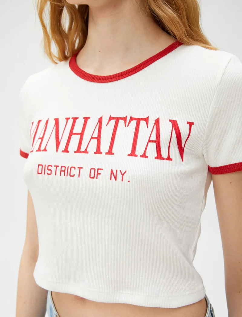 KOTON Crop T-Shirt Slogan Printed Short Sleeve Crew Neck