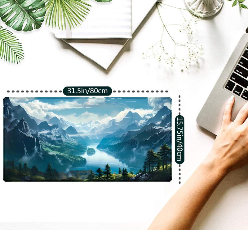 Mechanical Cattle Aesthetic Mountain Vista Desk Mat, Blue Natural Wonder XXL Large Extended Gaming Mouse Pad Mat Non-Slip Mousepad, Computer Keyboard and Mouse Mat, Desk Pad with Stitched Edges, 31.5x15.75 in - Image 2