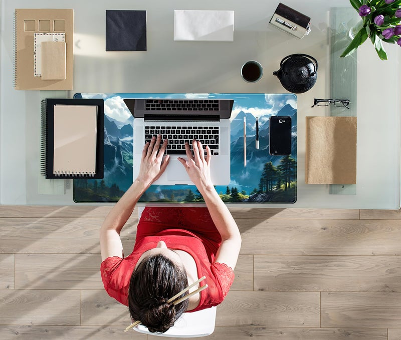 Mechanical Cattle Aesthetic Mountain Vista Desk Mat, Blue Natural Wonder XXL Large Extended Gaming Mouse Pad Mat Non-Slip Mousepad, Computer Keyboard and Mouse Mat, Desk Pad with Stitched Edges, 31.5x15.75 in - Image 4