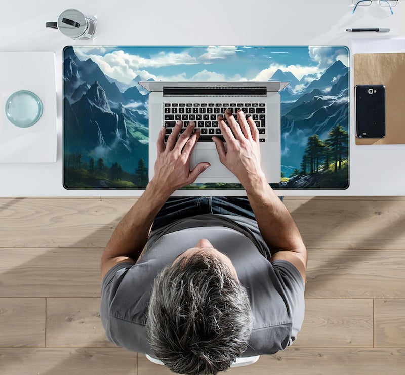 Mechanical Cattle Aesthetic Mountain Vista Desk Mat, Blue Natural Wonder XXL Large Extended Gaming Mouse Pad Mat Non-Slip Mousepad, Computer Keyboard and Mouse Mat, Desk Pad with Stitched Edges, 31.5x15.75 in - Image 5