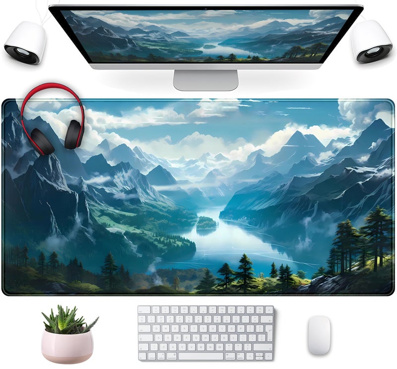 Mechanical Cattle Aesthetic Mountain Vista Desk Mat, Blue Natural Wonder XXL Large Extended Gaming Mouse Pad Mat Non-Slip Mousepad, Computer Keyboard and Mouse Mat, Desk Pad with Stitched Edges, 31.5x15.75 in - Image 1