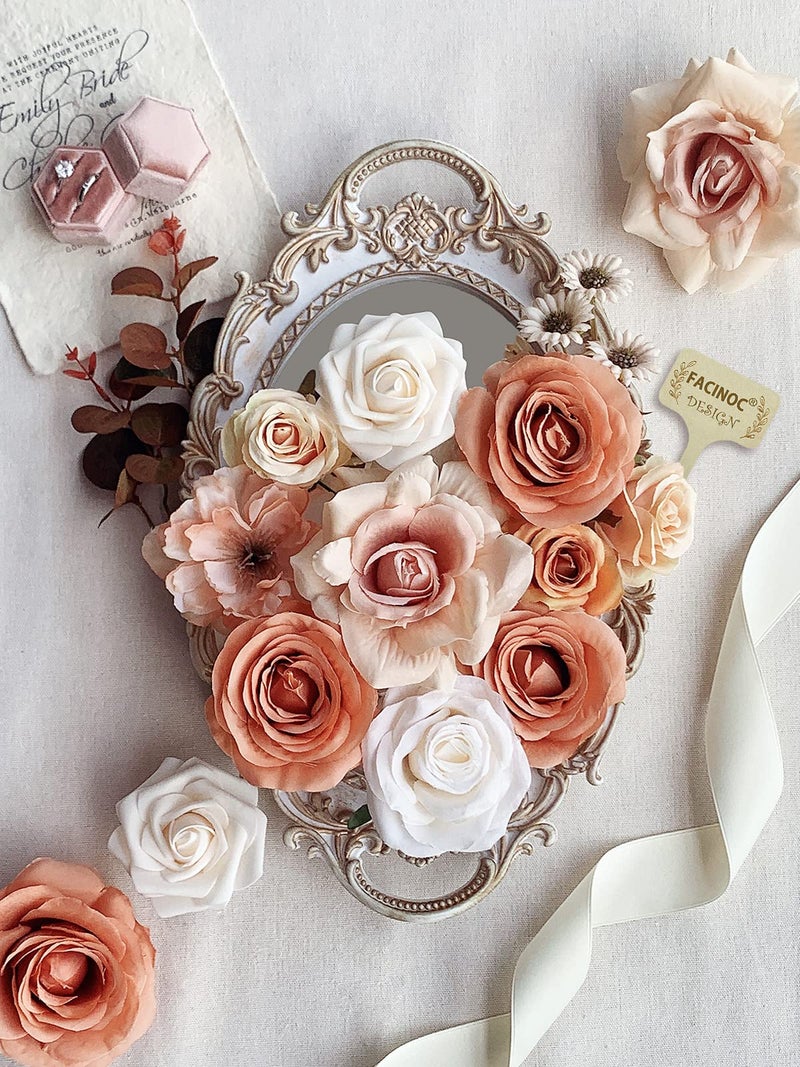 FACINOC Roses Artificial Flowers Bouquet Combo Box Set for DIY Wedding Centerpieces for Table Bridal Baby Shower Party Decorations Fake Silk Floral Arrangements for Home Decor Indoor Peach Pink - Image 4
