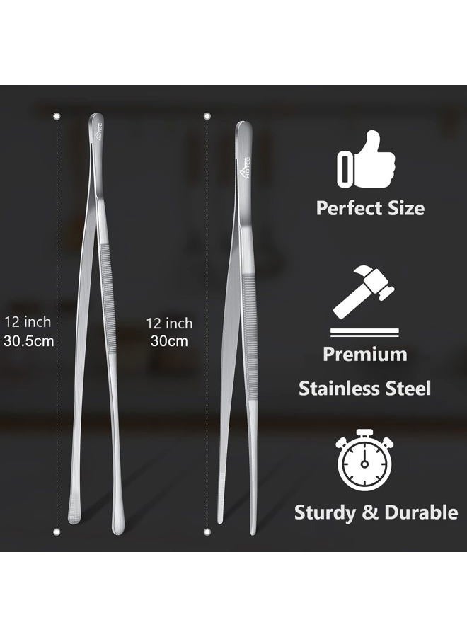 Hotec Barbecue Tongs Stainless Steel Long 30 cm Kitchen Cooking Tweezers Stainless Steel Kitchen Can be Used as Professional Tongs Tweezers for Cooking, Grilling and Baking - Set of 2 - Image 2