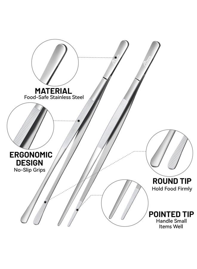 Hotec Barbecue Tongs Stainless Steel Long 30 cm Kitchen Cooking Tweezers Stainless Steel Kitchen Can be Used as Professional Tongs Tweezers for Cooking, Grilling and Baking - Set of 2 - Image 5