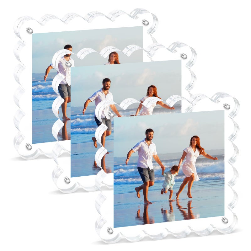 Chivalral 3Pack Clear Magnetic Picture Frames 5×5 Inch - Scalloped Picture Frame with 10+10mm Thick Block, Double-Sided Clear Display | Trendy Home Decor & Modern Gift Idea (3Pack, 5×5) - Image 1
