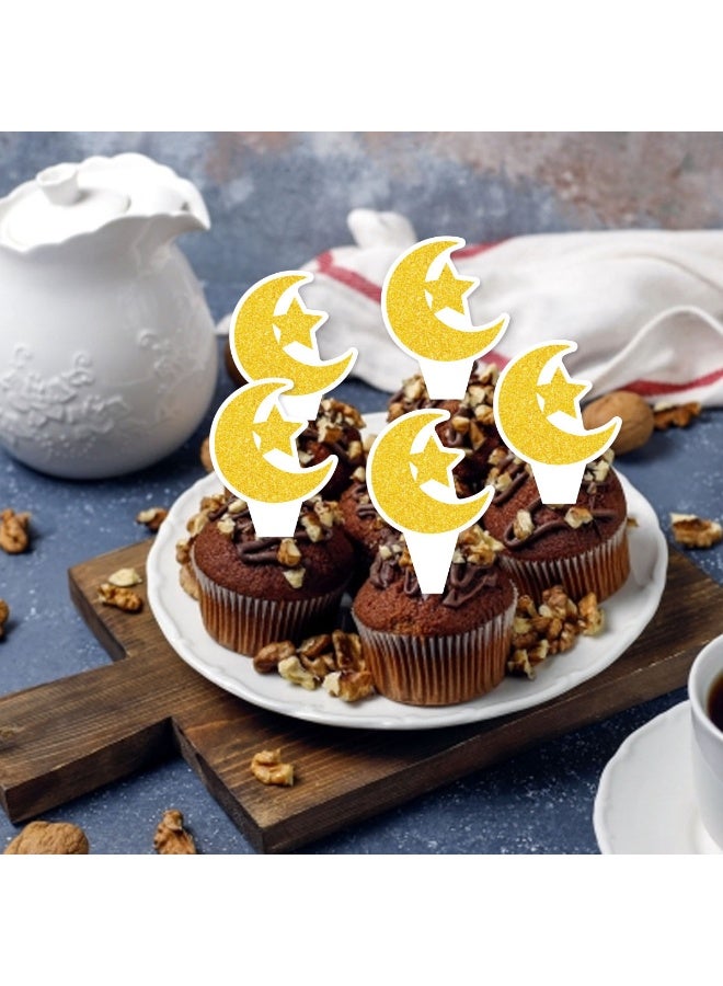 24 PCS Glitter Moon and Star Eid Mubarak Cupcake Topper Ramadan Kareem Party Supplies Islamic Muslim Party Decorations - Image 3