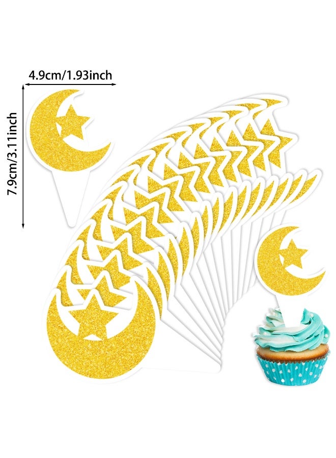 24 PCS Glitter Moon and Star Eid Mubarak Cupcake Topper Ramadan Kareem Party Supplies Islamic Muslim Party Decorations - Image 2