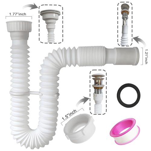 TGEOND White Flexible Expandable Bathroom P Trap 1 14 to 1 12 Sink Drain Adapter Included Wash Basin Rubber Tips Sink Drain Pipe Universal Extension Tube for Kitchen Bathroom Sink Sewer Drain - Image 3