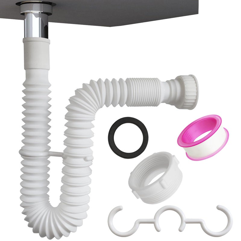 TGEOND White Flexible Expandable Bathroom P Trap 1 14 to 1 12 Sink Drain Adapter Included Wash Basin Rubber Tips Sink Drain Pipe Universal Extension Tube for Kitchen Bathroom Sink Sewer Drain - Image 2