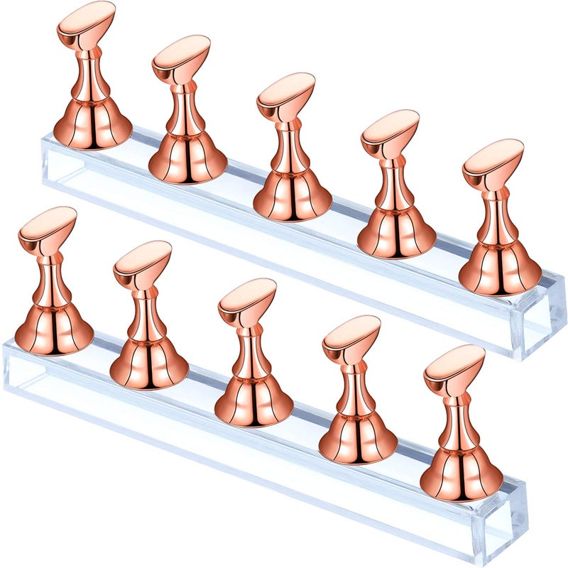 Blulu 2 Sets Nail Stand for Press on Acrylic Nails Display Practice Magnetic Fake Nail Holder for Painting Nails for False Fingernail Manicure Tool Home DIY Salon SuppliesRose Gold