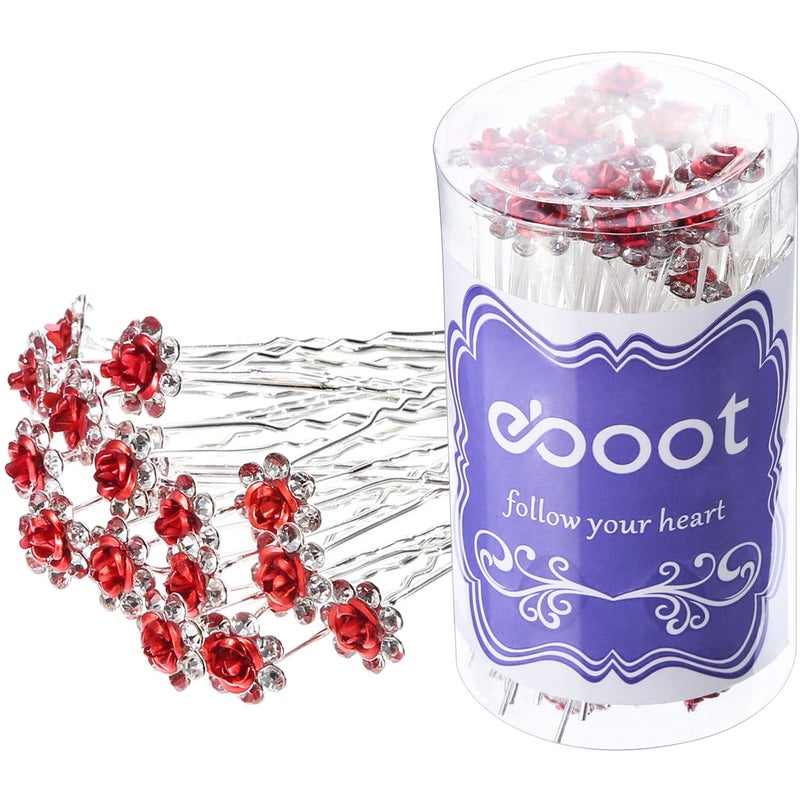 eBoot eBoot 40 Pack Crystal Hair Pins Rose Flower Rhinestone Hair Clips for Bridal Wedding Women Hair Jewelry Accessories with Storage Bag Red 