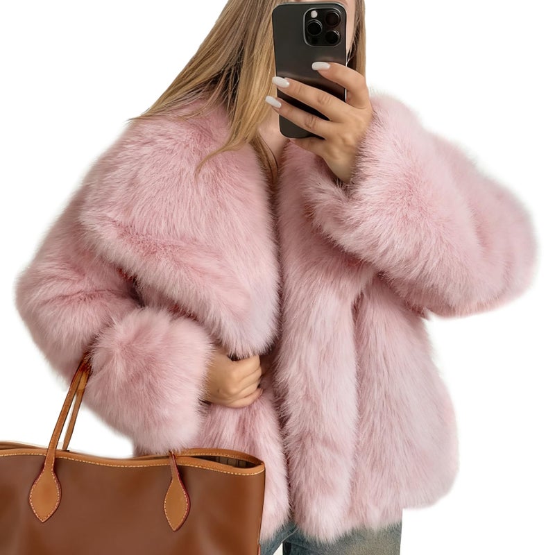 Flygo Women's Faux Fur Coat Fluffy Faux Fur Jacket Long Sleeve Lapel Furry Winter Jackets Shaggy Parka Short Coat(Pink-S) - Image 1
