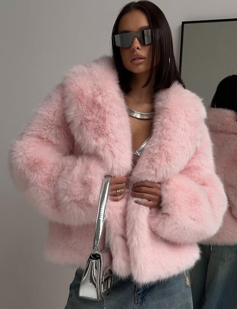 Flygo Women's Faux Fur Coat Fluffy Faux Fur Jacket Long Sleeve Lapel Furry Winter Jackets Shaggy Parka Short Coat(Pink-S) - Image 2