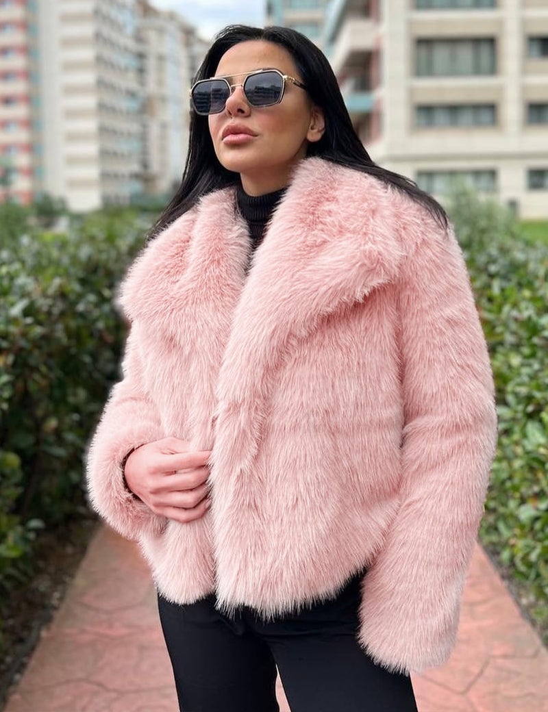 Flygo Women's Faux Fur Coat Fluffy Faux Fur Jacket Long Sleeve Lapel Furry Winter Jackets Shaggy Parka Short Coat(Pink-S) - Image 4