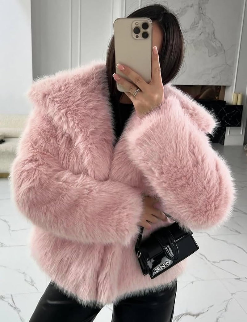 Flygo Women's Faux Fur Coat Fluffy Faux Fur Jacket Long Sleeve Lapel Furry Winter Jackets Shaggy Parka Short Coat(Pink-S) - Image 3