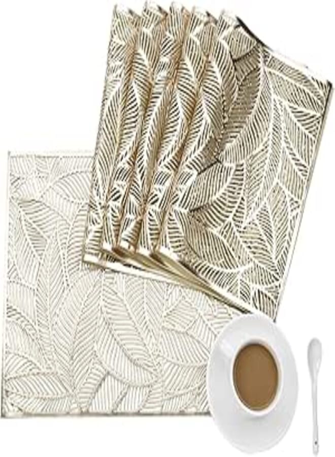 Qucover Gold Placemats Rectangle Table Mats Set of 6, Heat Resistant Washable Golden PVC Plastic Hollow Table Mats and Coasters Dinning Table Christmas Place Mat