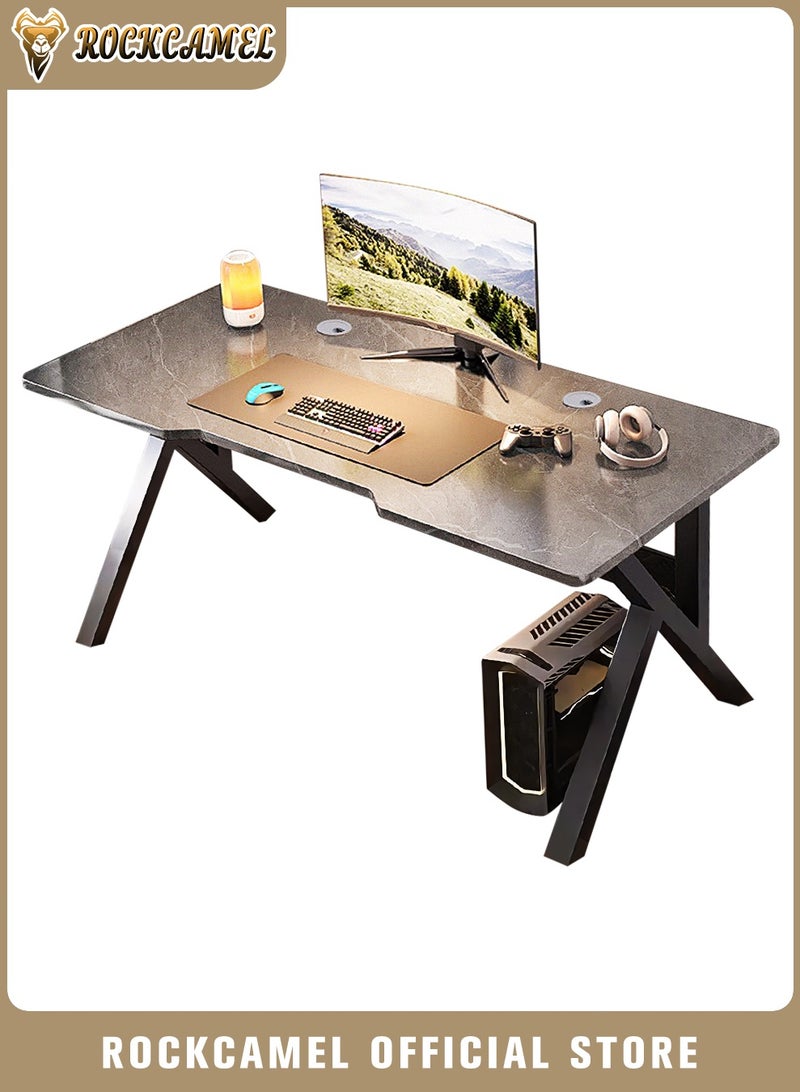 ROCKCAMEL مكتب ألعاب مريح على شكل حرف K، مقاس 140 سم، مكتب عصري بألواح سميكة وإطار فولاذي قوي، محطة عمل متينة للمكتب المنزلي وغرفة المعيشة والدراسة والألعاب، سهل التجميع (رمادي، 140 × 60 × 74 سم) - Image 1