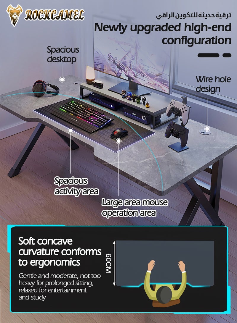 ROCKCAMEL مكتب ألعاب مريح على شكل حرف K، مقاس 140 سم، مكتب عصري بألواح سميكة وإطار فولاذي قوي، محطة عمل متينة للمكتب المنزلي وغرفة المعيشة والدراسة والألعاب، سهل التجميع (رمادي، 140 × 60 × 74 سم) - Image 3
