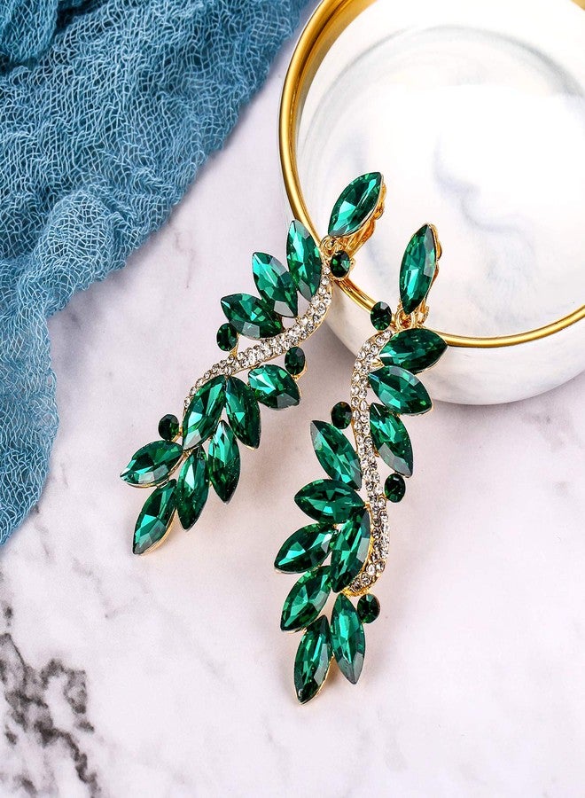 بريلوف أقراط زفاف بريلوف بمشبك للنساء، مرصعة بالكريستال، بتصميم زهرة متدلية مزخرفة، لونها زمردي، مطلية بالذهب. - Image 3