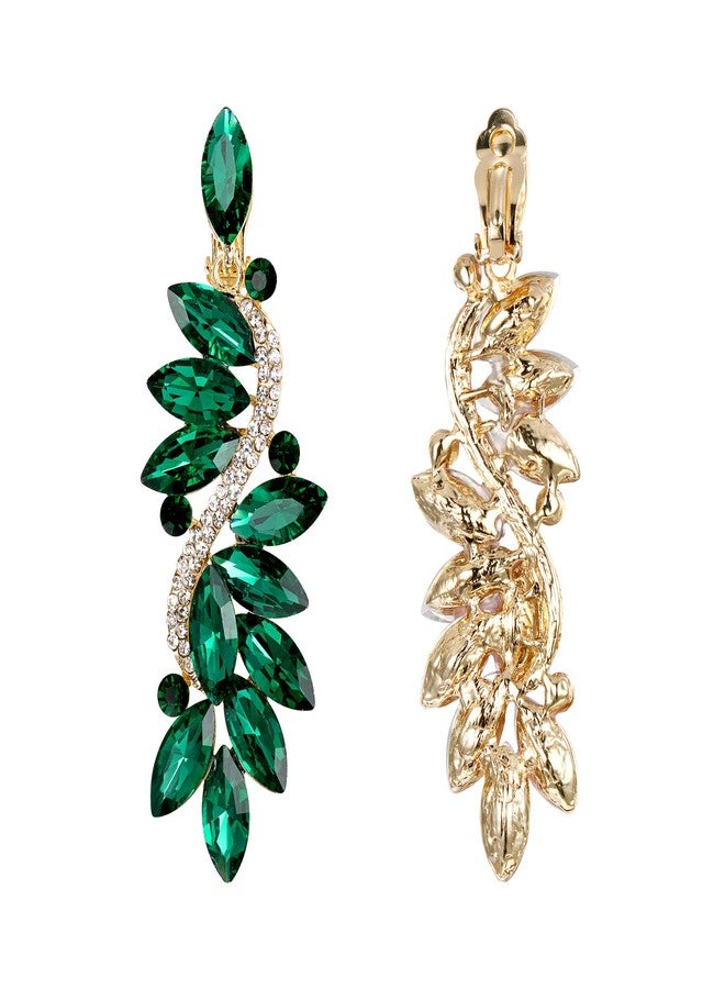 بريلوف أقراط زفاف بريلوف بمشبك للنساء، مرصعة بالكريستال، بتصميم زهرة متدلية مزخرفة، لونها زمردي، مطلية بالذهب. - Image 4