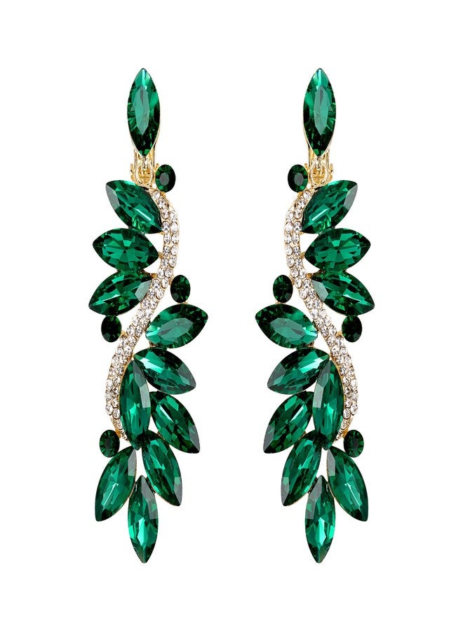 بريلوف أقراط زفاف بريلوف بمشبك للنساء، مرصعة بالكريستال، بتصميم زهرة متدلية مزخرفة، لونها زمردي، مطلية بالذهب. - Image 1