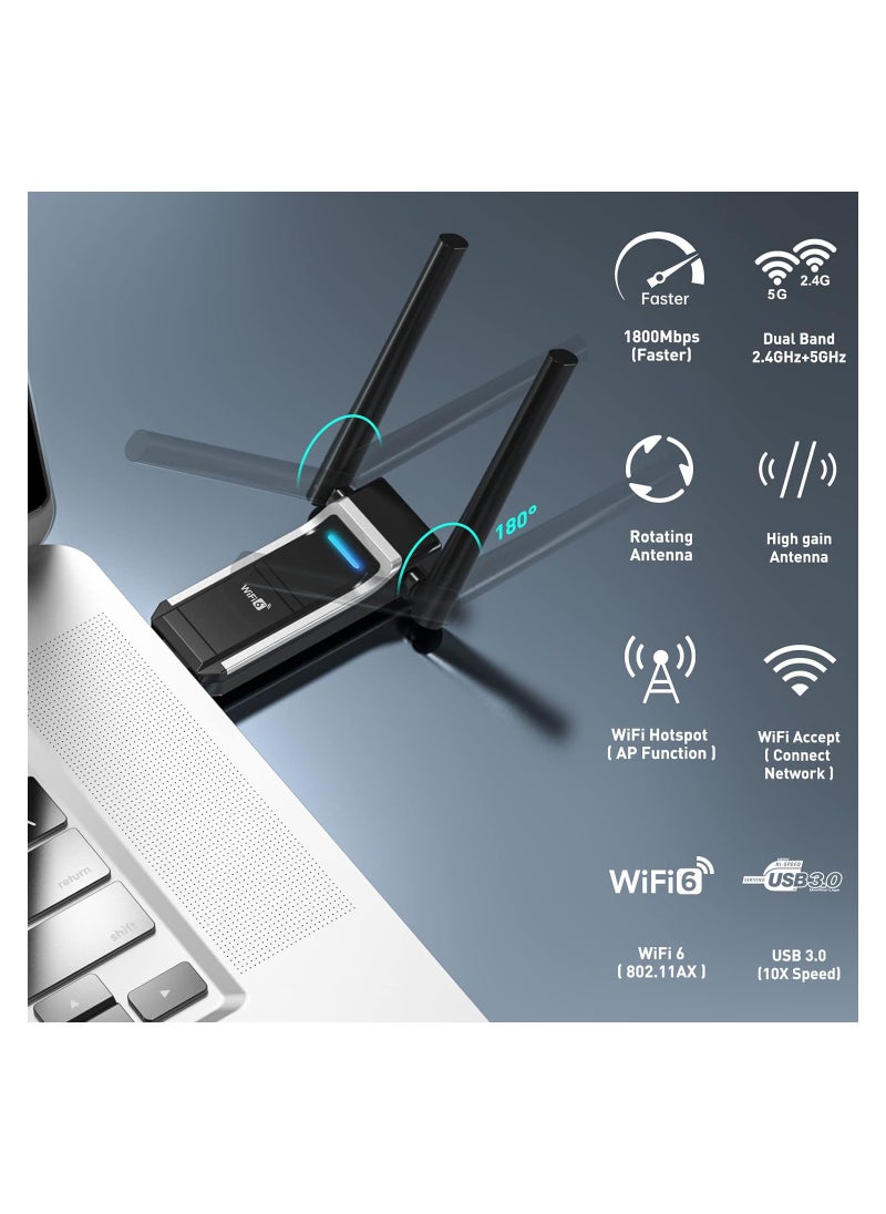 Excefore - USB WiFi 6 Adapter for PC, Wireless Network Adapter AX1800 Dual-Band 5Ghz/2.4Ghz 1800Mbps, 802.11ax/WPA3/MU-MIMO, USB 3.0 WiFi Dongle Dual Antenna for Desktop Laptop Support Windows 11/10/7 - Image 1