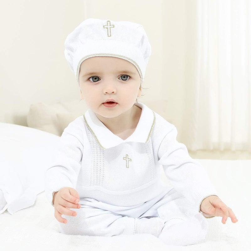HAPIU Baby Boy Baptism Outfit with Hat Christening Outfit-Cross Detail - Image 3