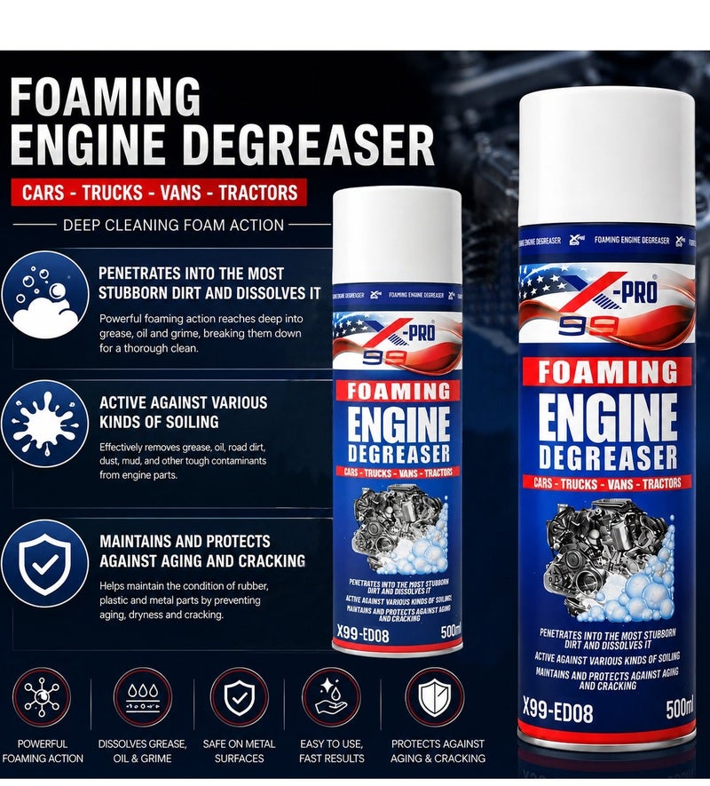 X99-PRO X99-ED08 Foaming Engine Degreaser Spray 500ml (5 PCS) Heavy Duty Engine Cleaner Foam for Cars, Trucks, Vans, Tractors & Motorcycles, Removes Grease, Oil, Dirt & Road Grime, Fast Acting Engine Bay Cleaning Formula - Image 3