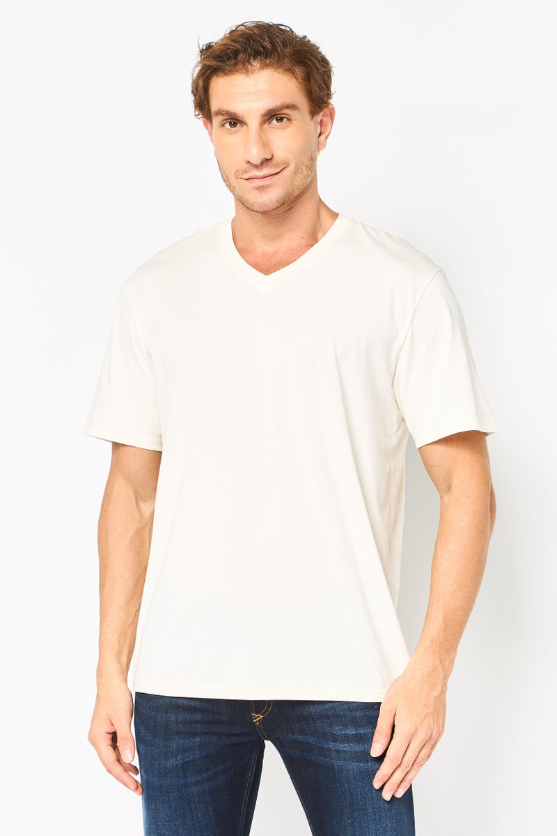 Algspar تي شيرت رجالي بأكمام قصيرة على شكل حرف V، أبيض فاتح - Image 1