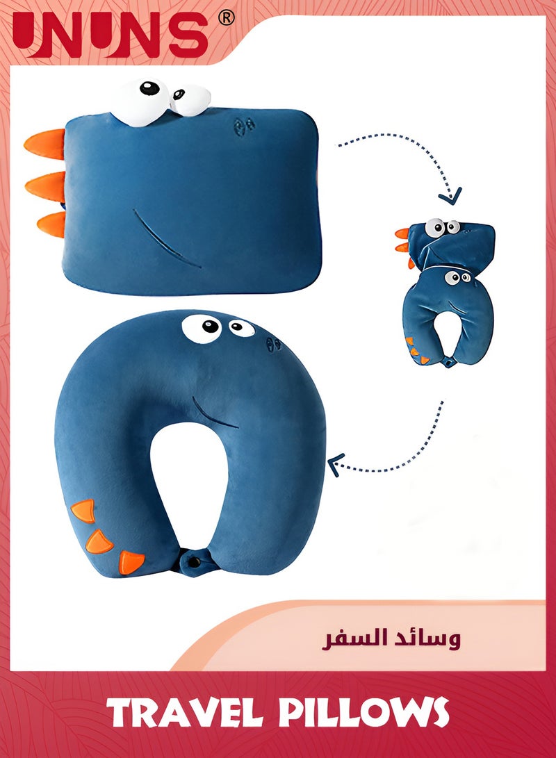 UNUNS Neck Pillows For Travel,Animal Shaped 2-In-1 Transforming Plush Travel Pillow For Airplane And Car Journeys,Adorable U-Shaped Headrest And Neck Support For Kids And Adults,Navy Dinosaur  - Image 1