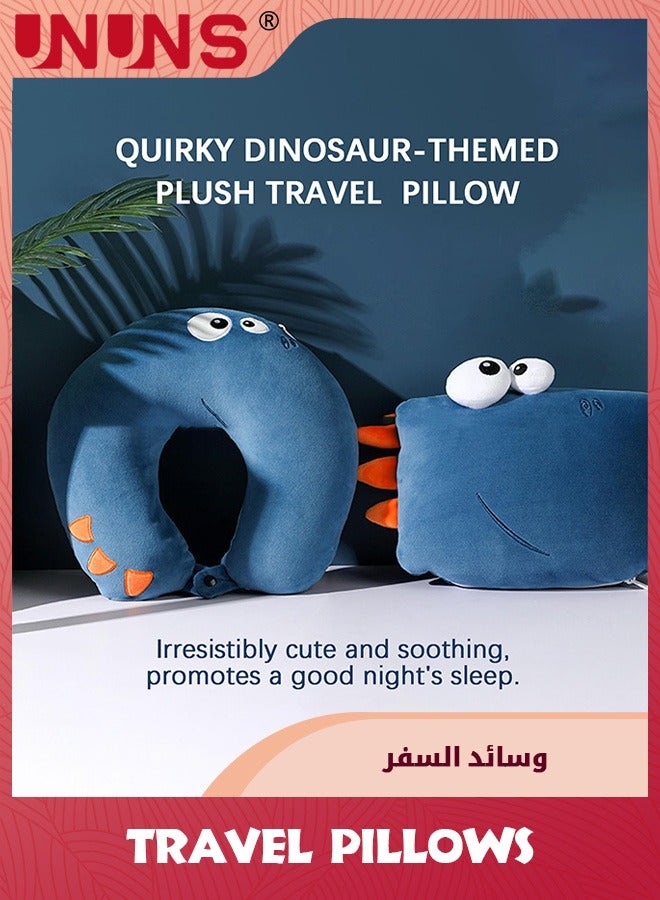 UNUNS Neck Pillows For Travel,Animal Shaped 2-In-1 Transforming Plush Travel Pillow For Airplane And Car Journeys,Adorable U-Shaped Headrest And Neck Support For Kids And Adults,Navy Dinosaur  - Image 2