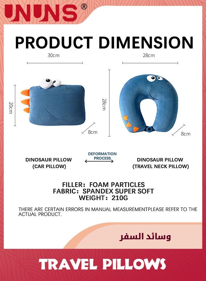 UNUNS Neck Pillows For Travel,Animal Shaped 2-In-1 Transforming Plush Travel Pillow For Airplane And Car Journeys,Adorable U-Shaped Headrest And Neck Support For Kids And Adults,Navy Dinosaur  - Image 3
